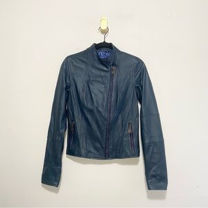 Vera Pella Italian Boutique Blue Leather Zip Up Moto Jacket